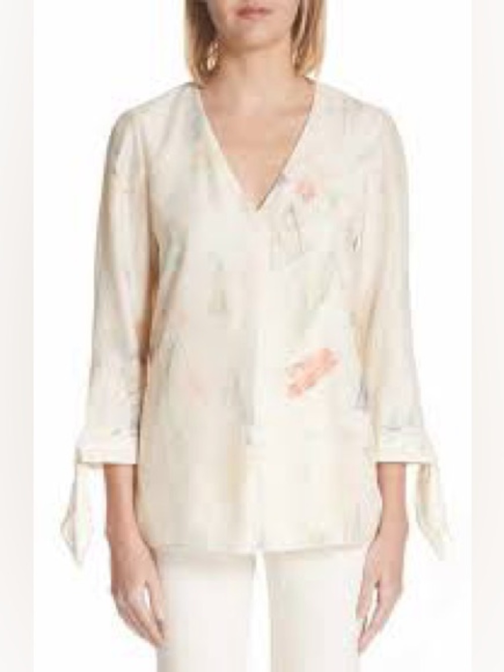LAFAYETTE 148 Blair Modern Muse Print Silk Cream V-Neck Tie-Sleeve Blouse L Work
